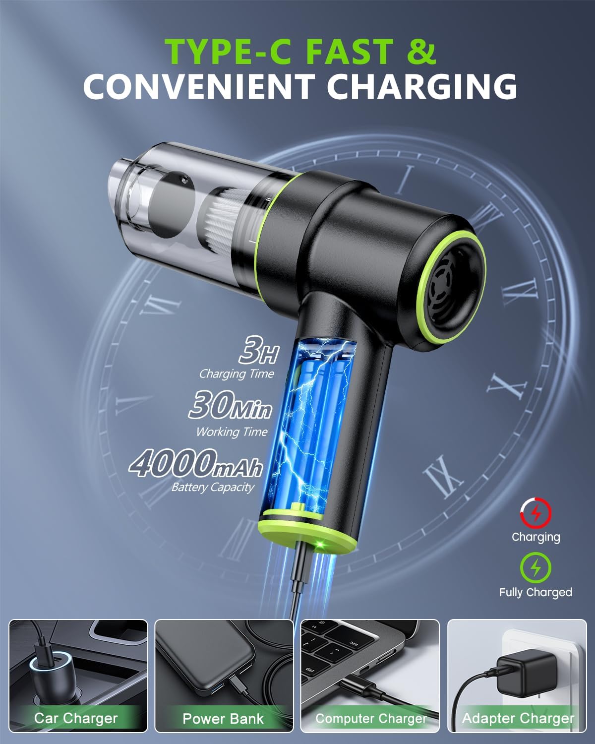 Cordless Car Vacuum — 12000PA Powerful Suction, 2-in-1 Portable Interior Cleaner