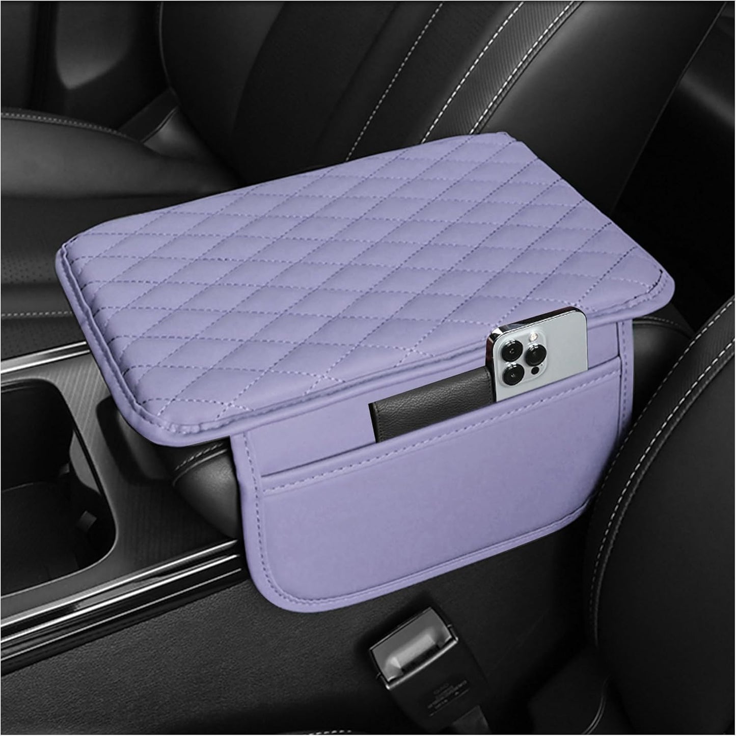 Luxury Microfiber Leather Car Center Console Cover with Storage Bags - Universal Armrest Cushion and Organizer (Black)