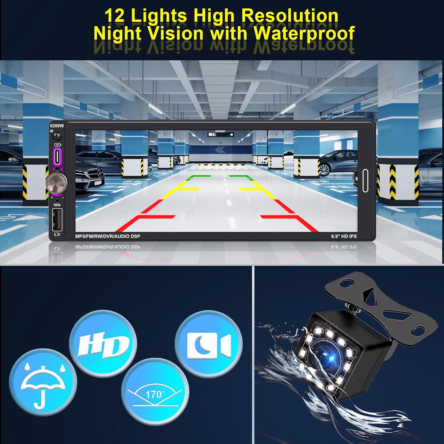 6.9" Single DIN Car Radio with Wireless Apple Carplay, Car Bluetooth 5.2, AM FM Radio, IPS Touchscreen 1280X480, Backup Camera, Type-C Fast Charging, USB, 180W Subwoofer, Android Auto, GPS Navigation