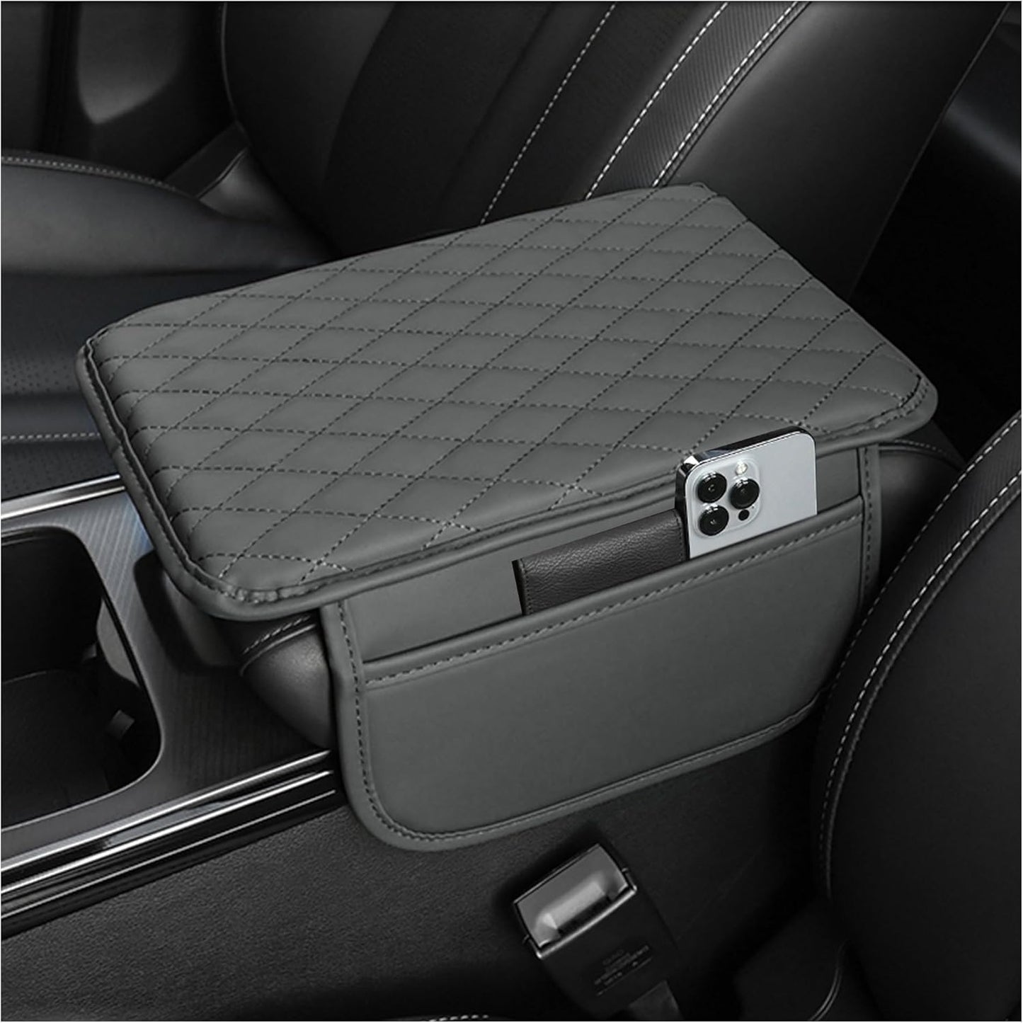 Luxury Microfiber Leather Car Center Console Cover with Storage Bags - Universal Armrest Cushion and Organizer (Black)