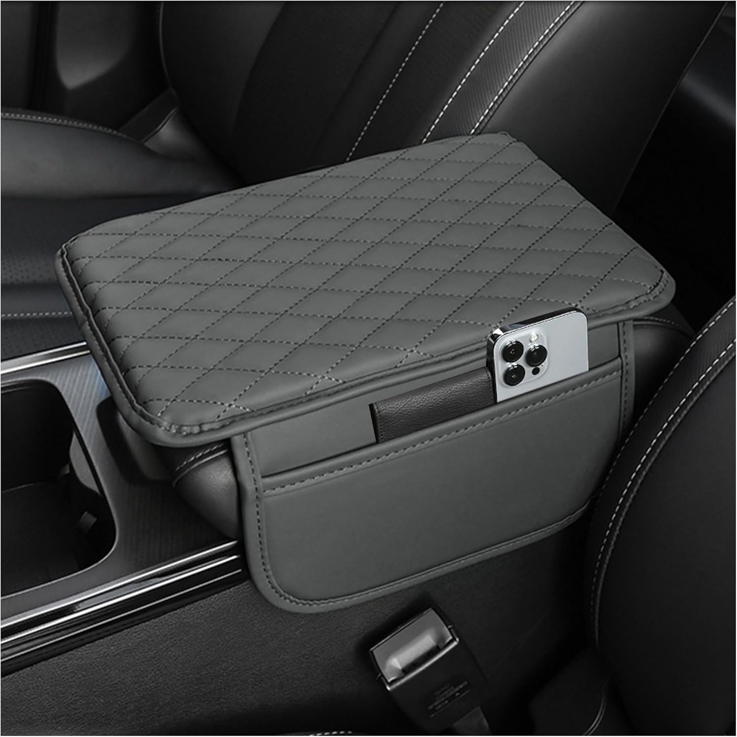 Luxury Microfiber Leather Car Center Console Cover with Storage Bags - Universal Armrest Cushion and Organizer (Black)