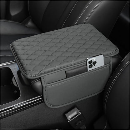 Luxury Microfiber Leather Car Center Console Cover with Storage Bags - Universal Armrest Cushion and Organizer (Black)