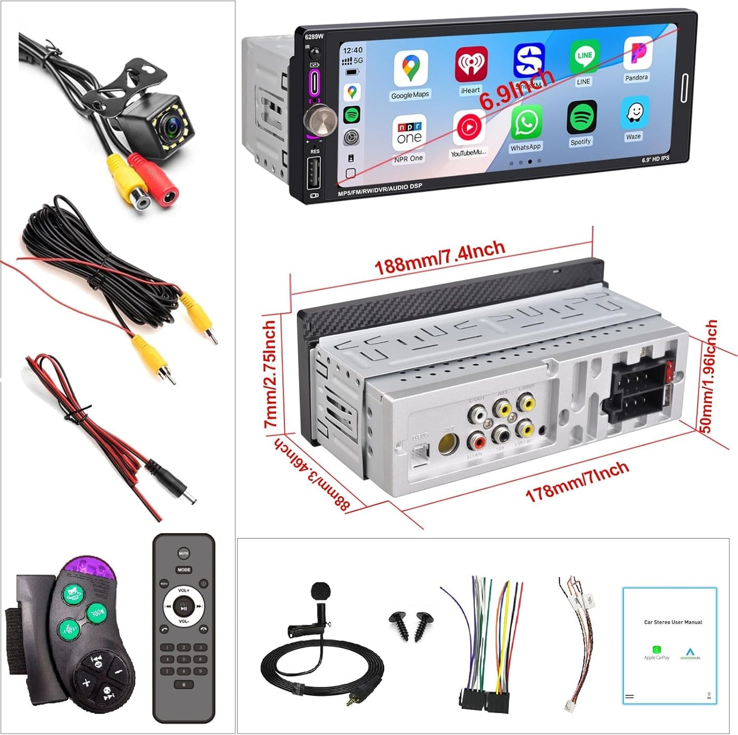 6.9" Single DIN Car Radio with Wireless Apple Carplay, Car Bluetooth 5.2, AM FM Radio, IPS Touchscreen 1280X480, Backup Camera, Type-C Fast Charging, USB, 180W Subwoofer, Android Auto, GPS Navigation