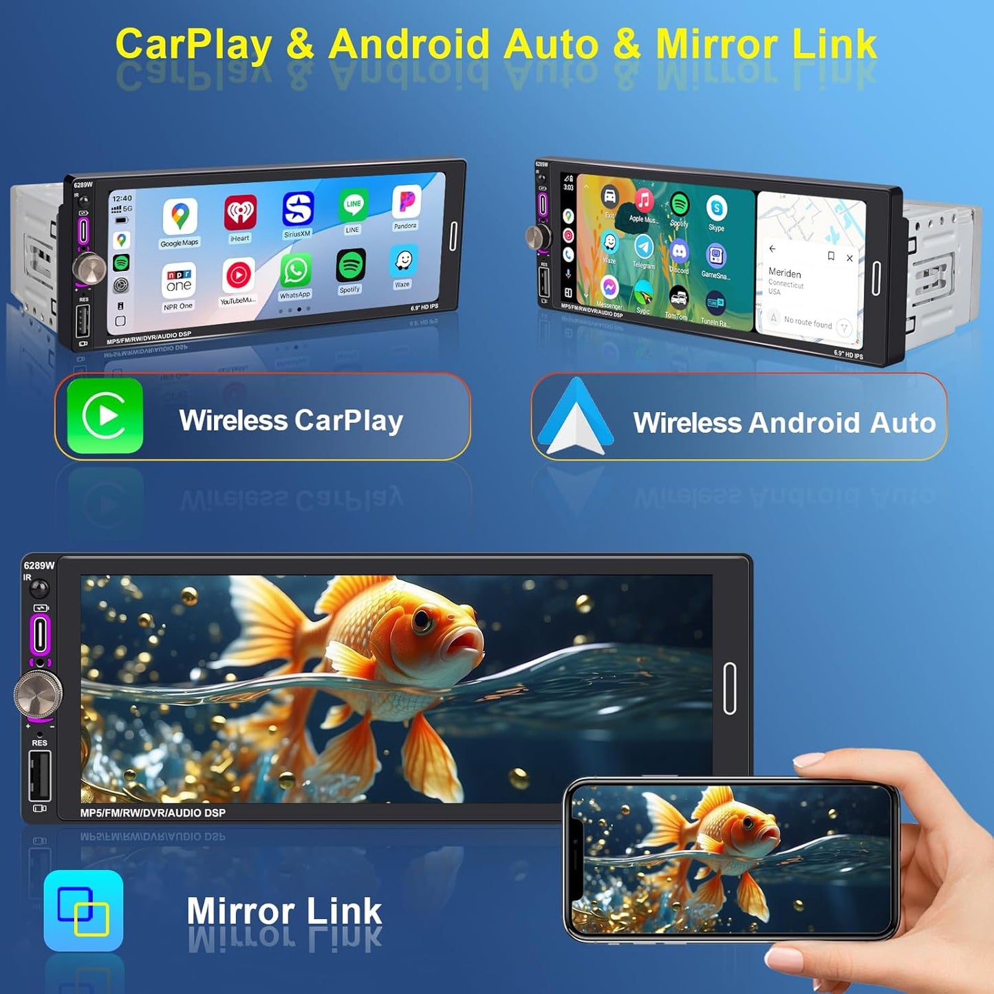 6.9" Single DIN Car Radio with Wireless Apple Carplay, Car Bluetooth 5.2, AM FM Radio, IPS Touchscreen 1280X480, Backup Camera, Type-C Fast Charging, USB, 180W Subwoofer, Android Auto, GPS Navigation