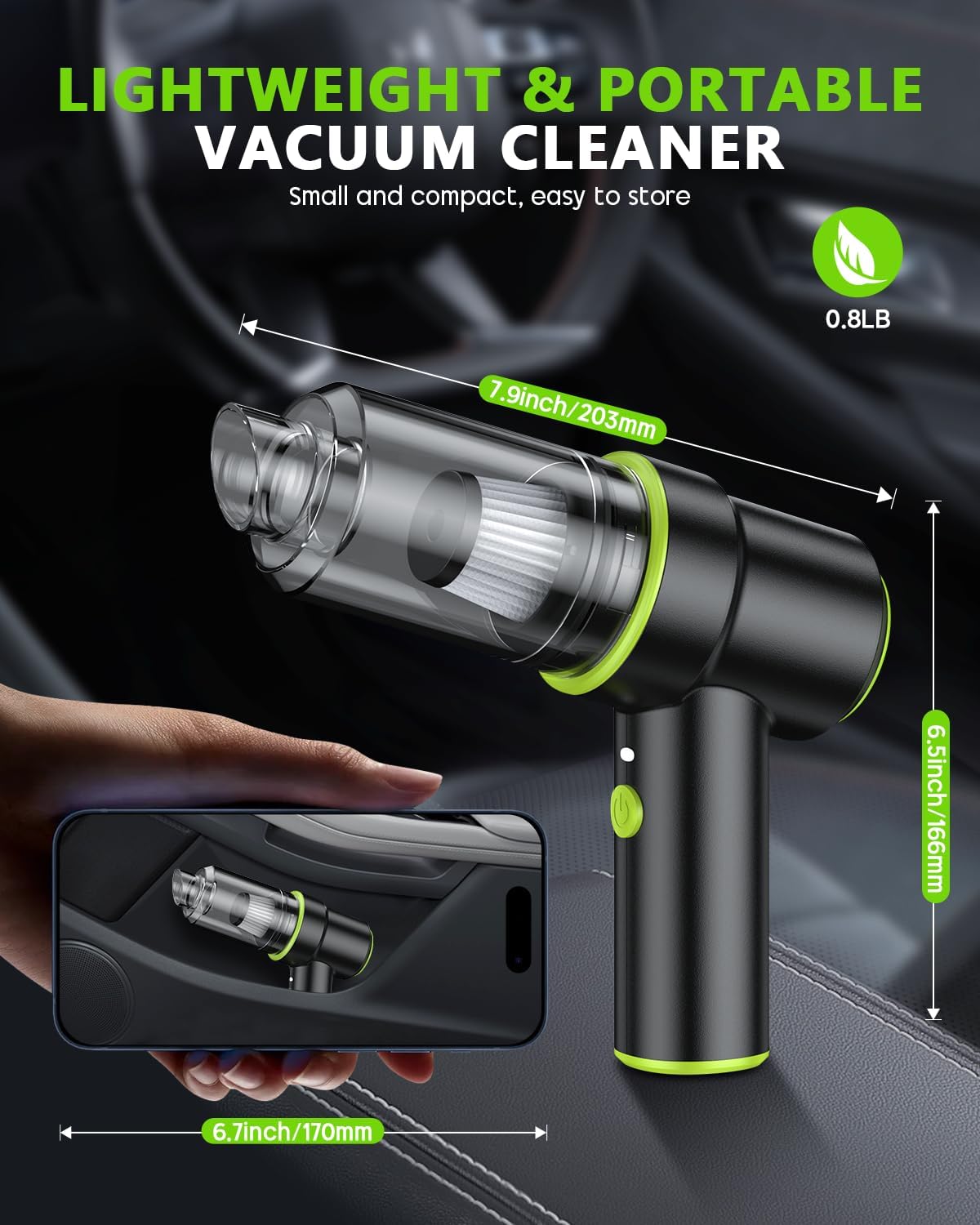 Cordless Car Vacuum — 12000PA Powerful Suction, 2-in-1 Portable Interior Cleaner