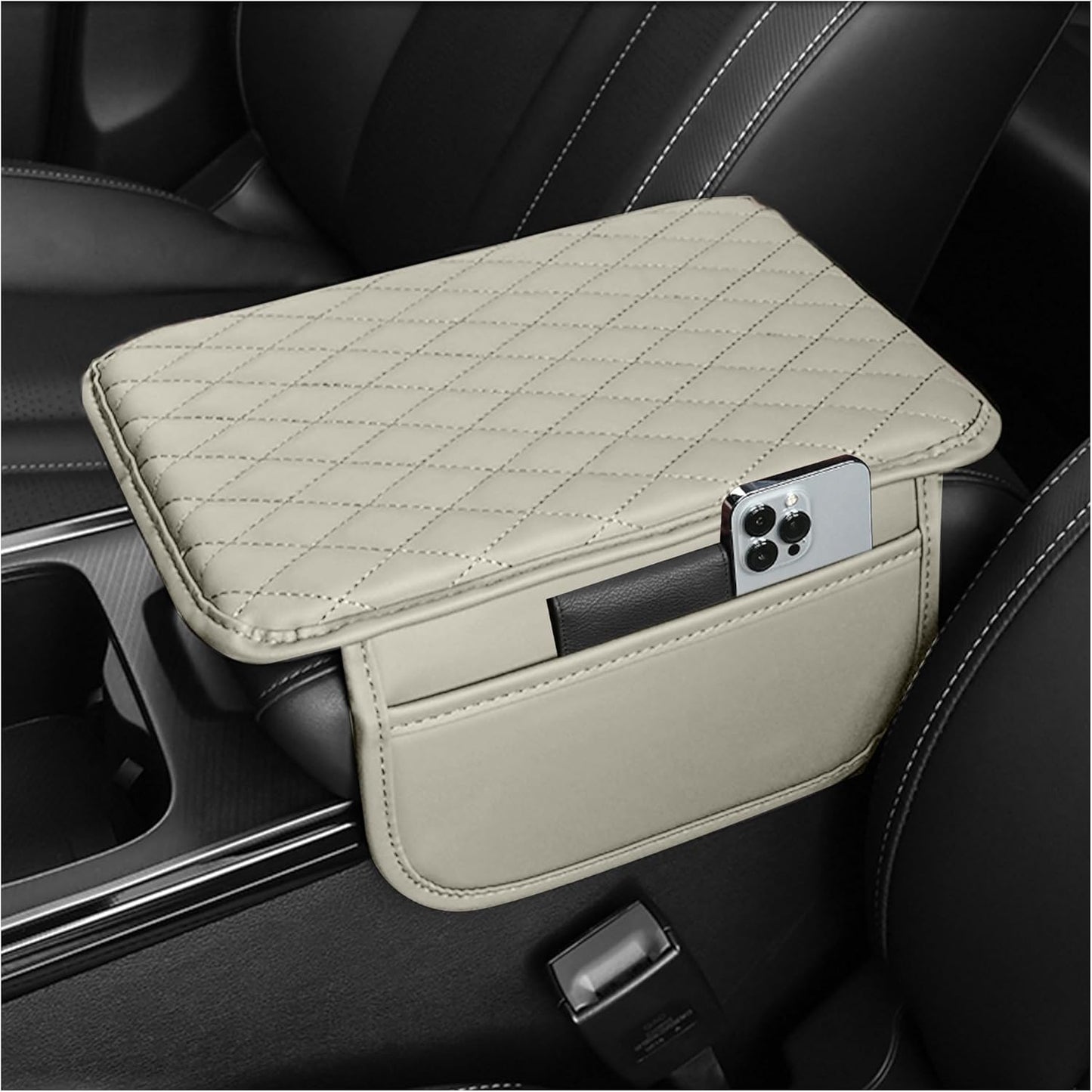 Luxury Microfiber Leather Car Center Console Cover with Storage Bags - Universal Armrest Cushion and Organizer (Black)