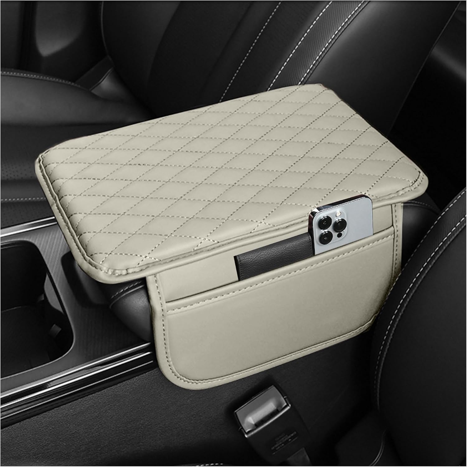 Luxury Microfiber Leather Car Center Console Cover with Storage Bags - Universal Armrest Cushion and Organizer (Black)