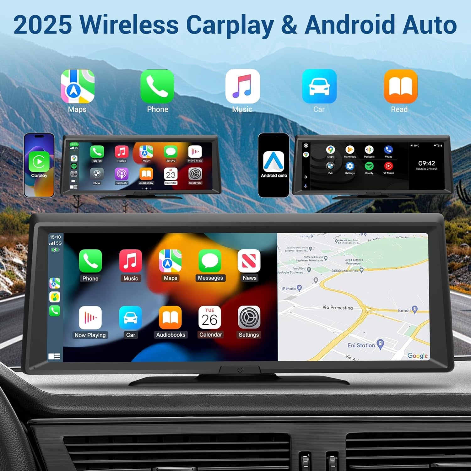 📱 8.1” Wireless Portable CarPlay Screen – 2K Dash Cam, Android Auto, GPS, Voice Control & Backup Cam 🚗✨
