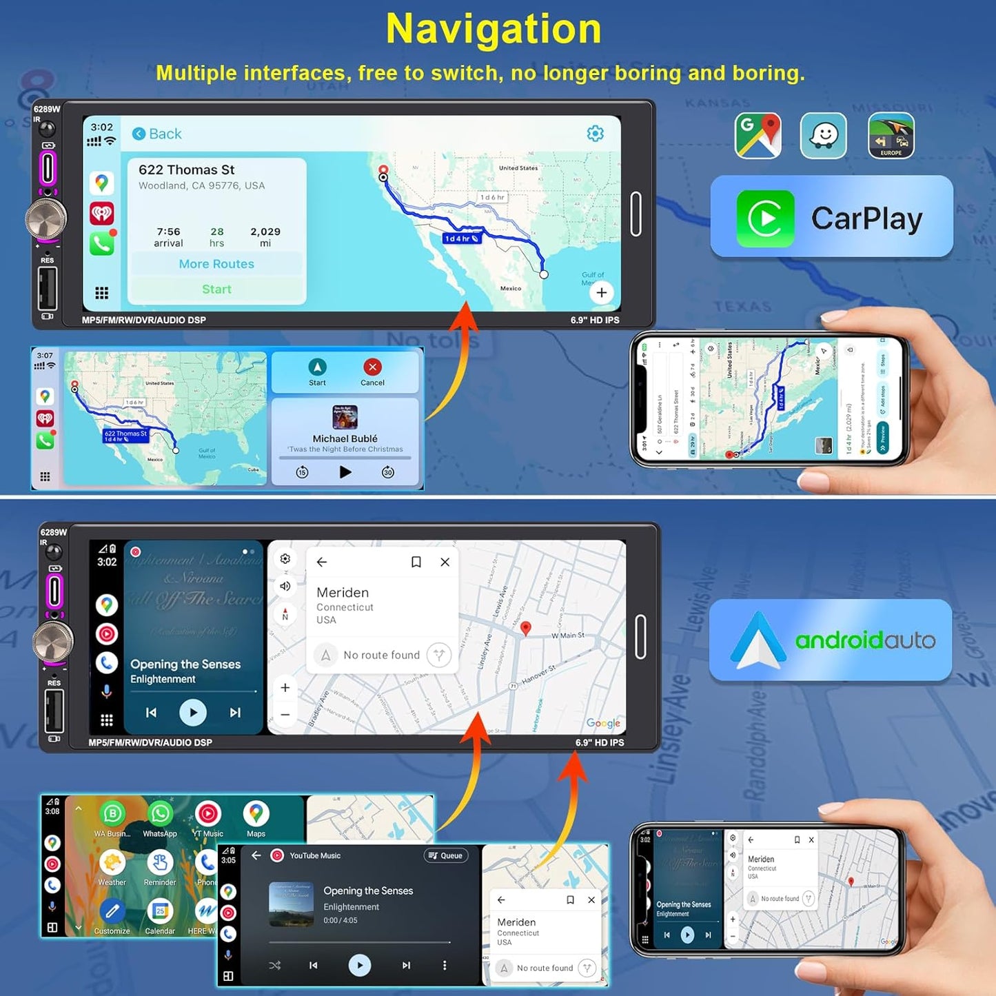6.9" Single DIN Car Radio with Wireless Apple Carplay, Car Bluetooth 5.2, AM FM Radio, IPS Touchscreen 1280X480, Backup Camera, Type-C Fast Charging, USB, 180W Subwoofer, Android Auto, GPS Navigation