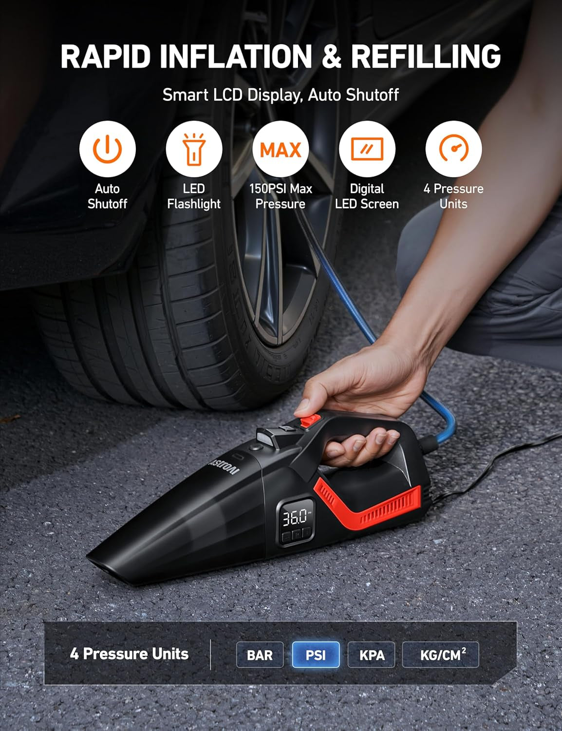 🌀 4-in-1 Car Vacuum & Tire Inflator – 150 PSI Air Compressor, LED Light, Digital Display, Portable Detailing Beast 🚗⚡