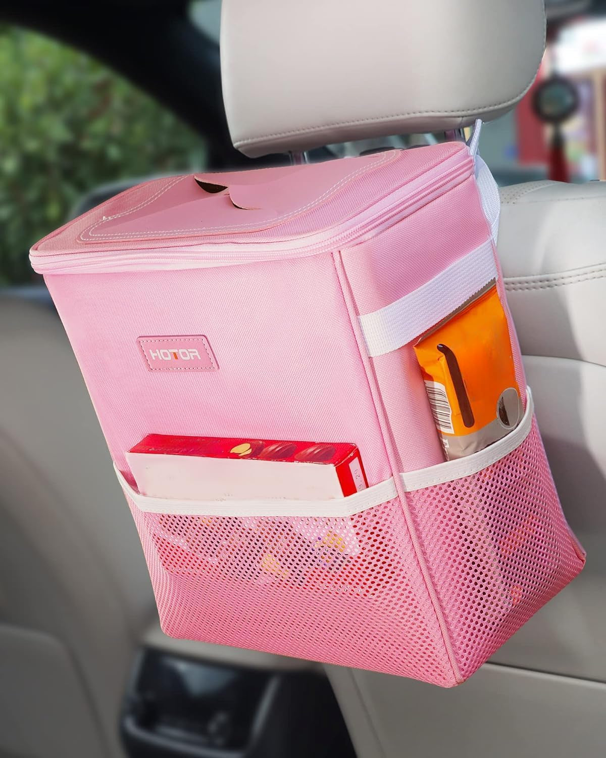 Leak-Proof Car Trash Can with Lid — Waterproof Organizer + Storage Pockets (2–3 Gallon)