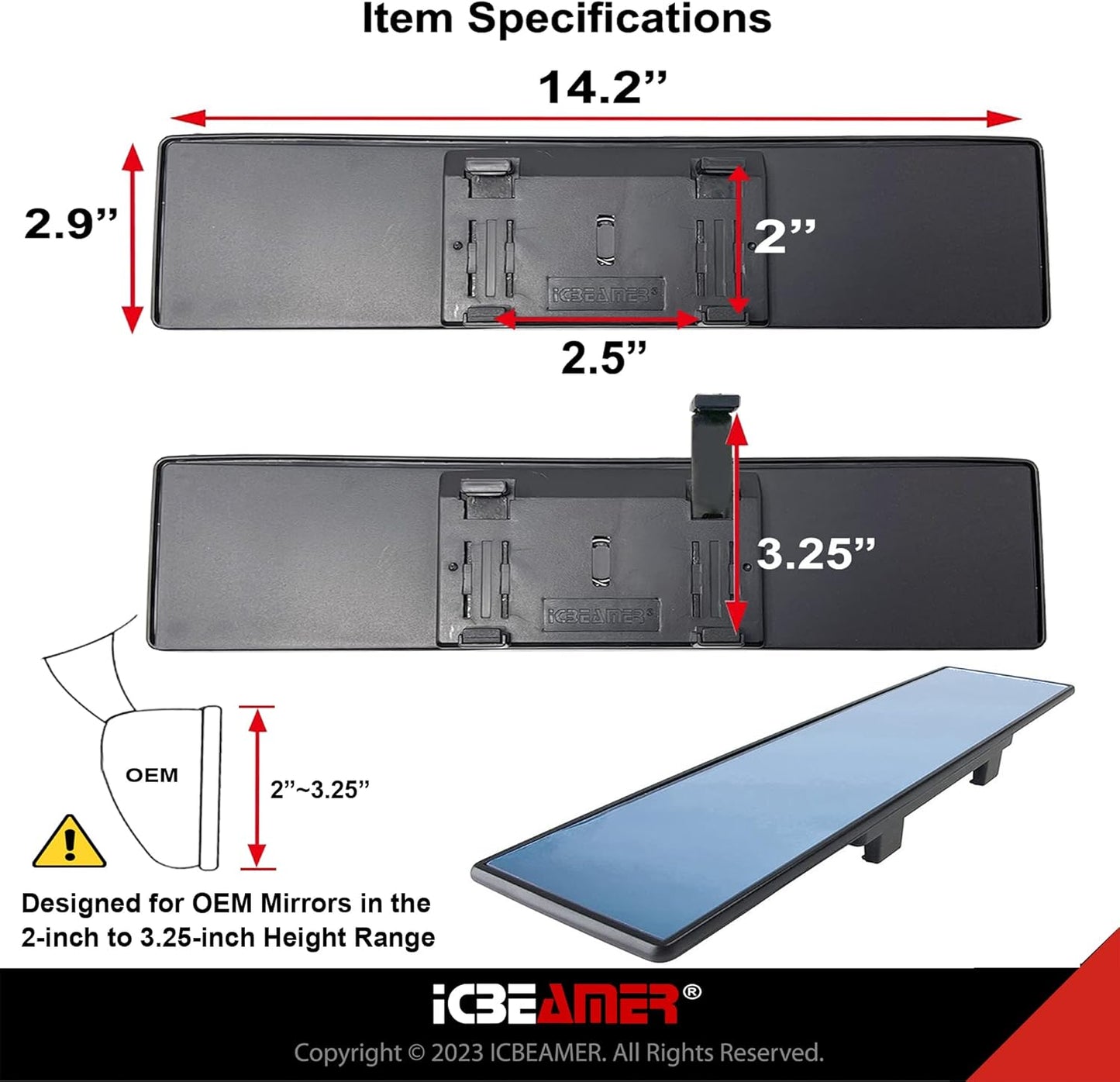 🔵 14.2” Clip-On Rear View Mirror – Wide Angle Blue Tint Anti-Glare