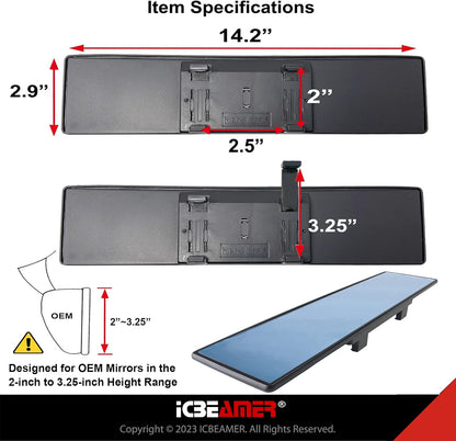 🔵 14.2” Clip-On Rear View Mirror – Wide Angle Blue Tint Anti-Glare