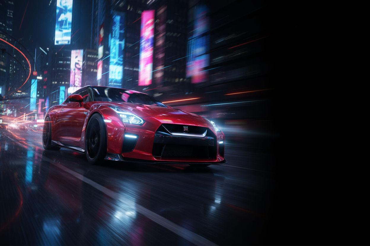 A sleek red JDM sports car speeding through a neon city street at night, aggressive front angle, headlights glowing, motion blur light trails, black and red color palette, high-contrast cinematic lighting, glossy reflections, modern tech vibe, wide hero banner composition, empty clean space on the right for text, extremely sharp, 8K resolution, realistic render
