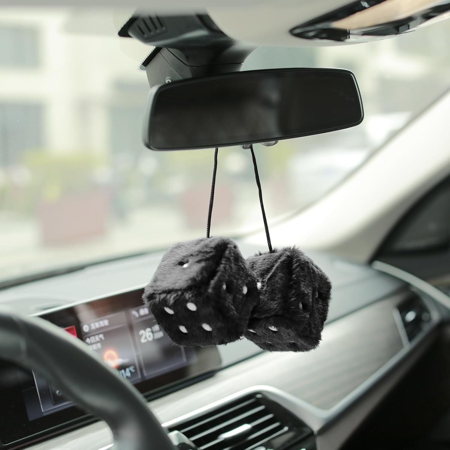 Black Fuzzy Dice – Retro Hanging Car Mirror Decoration 🎲🖤