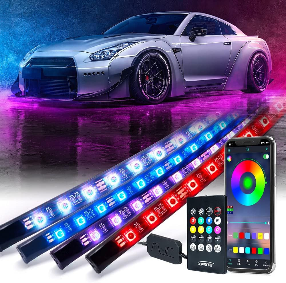 4Pcs Underglow LED Lights for Cars, 8 Color RGB 252 Leds Sound Active Function Music Mode Underglow Kit, Bluetooth APP & Remote Control, Waterproof Underbody Neon Strip Light for Car SUV Truck