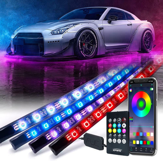 4Pcs Underglow LED Lights for Cars, 8 Color RGB 252 Leds Sound Active Function Music Mode Underglow Kit, Bluetooth APP & Remote Control, Waterproof Underbody Neon Strip Light for Car SUV Truck