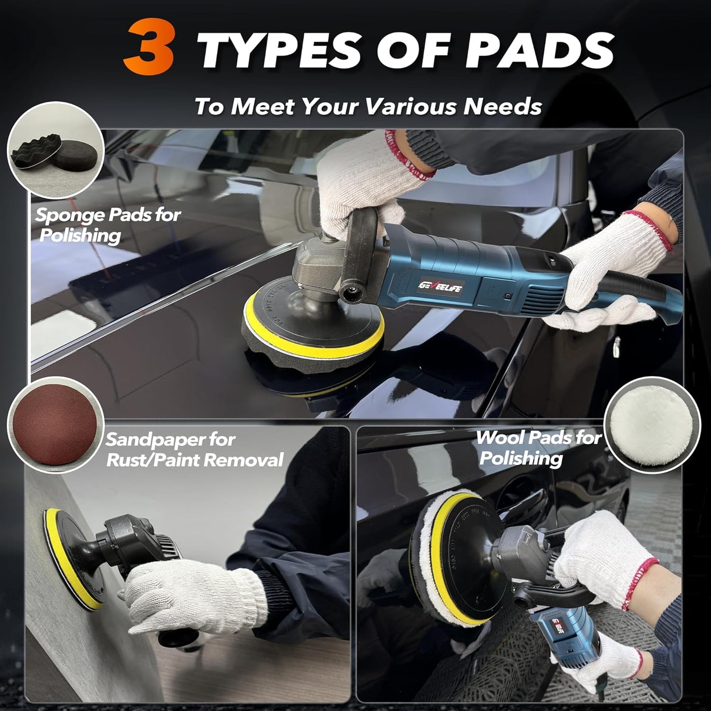 6-Inch 1600W Rotary Car Buffer Polisher (7 Speeds, 6 Pads)