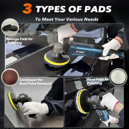 6-Inch 1600W Rotary Car Buffer Polisher (7 Speeds, 6 Pads)