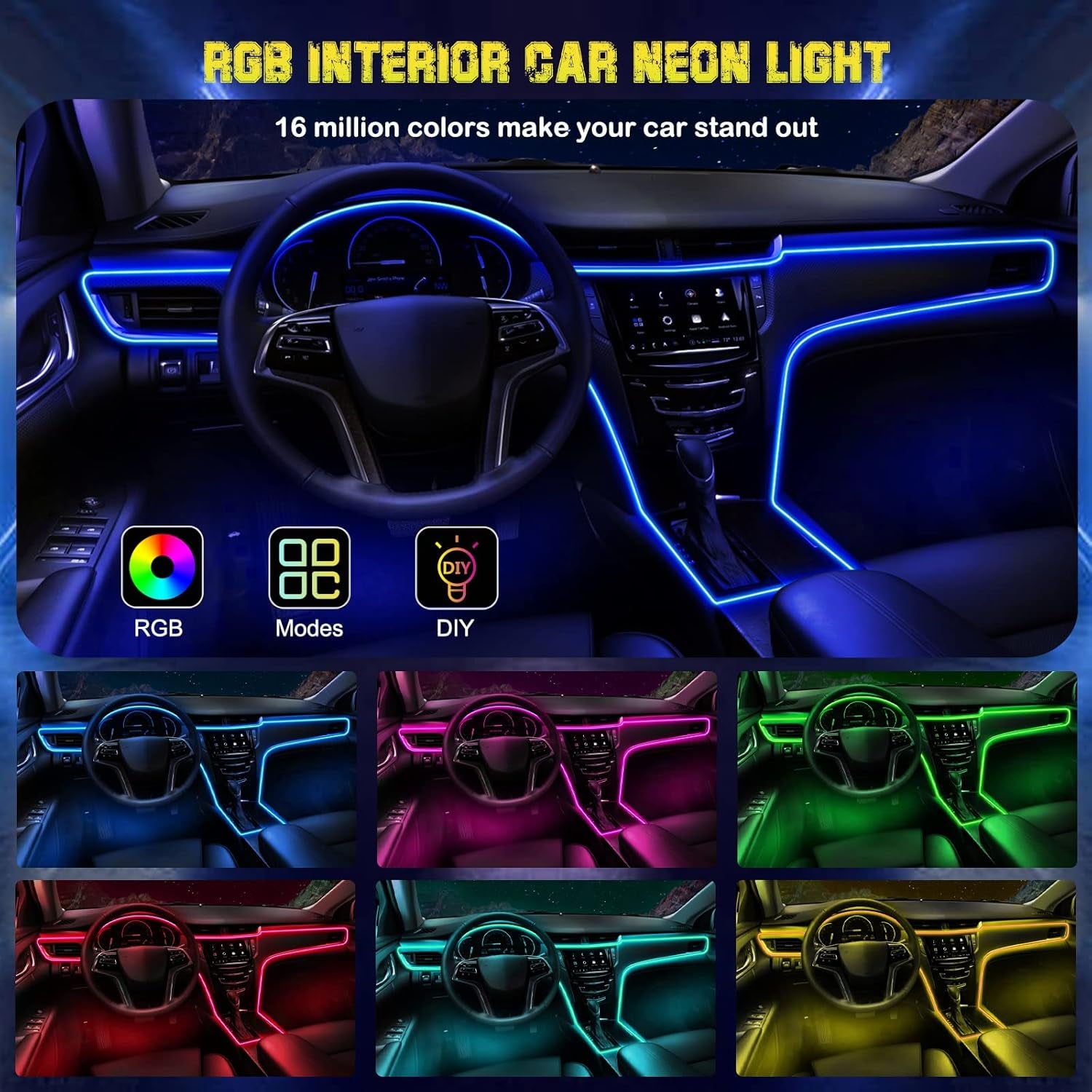 🌈 RGB Interior Car LED Strip Lights – Fiber Optic Glow + EL Wire Combo, USB Powered 2-in-1 Kit 💡🚘