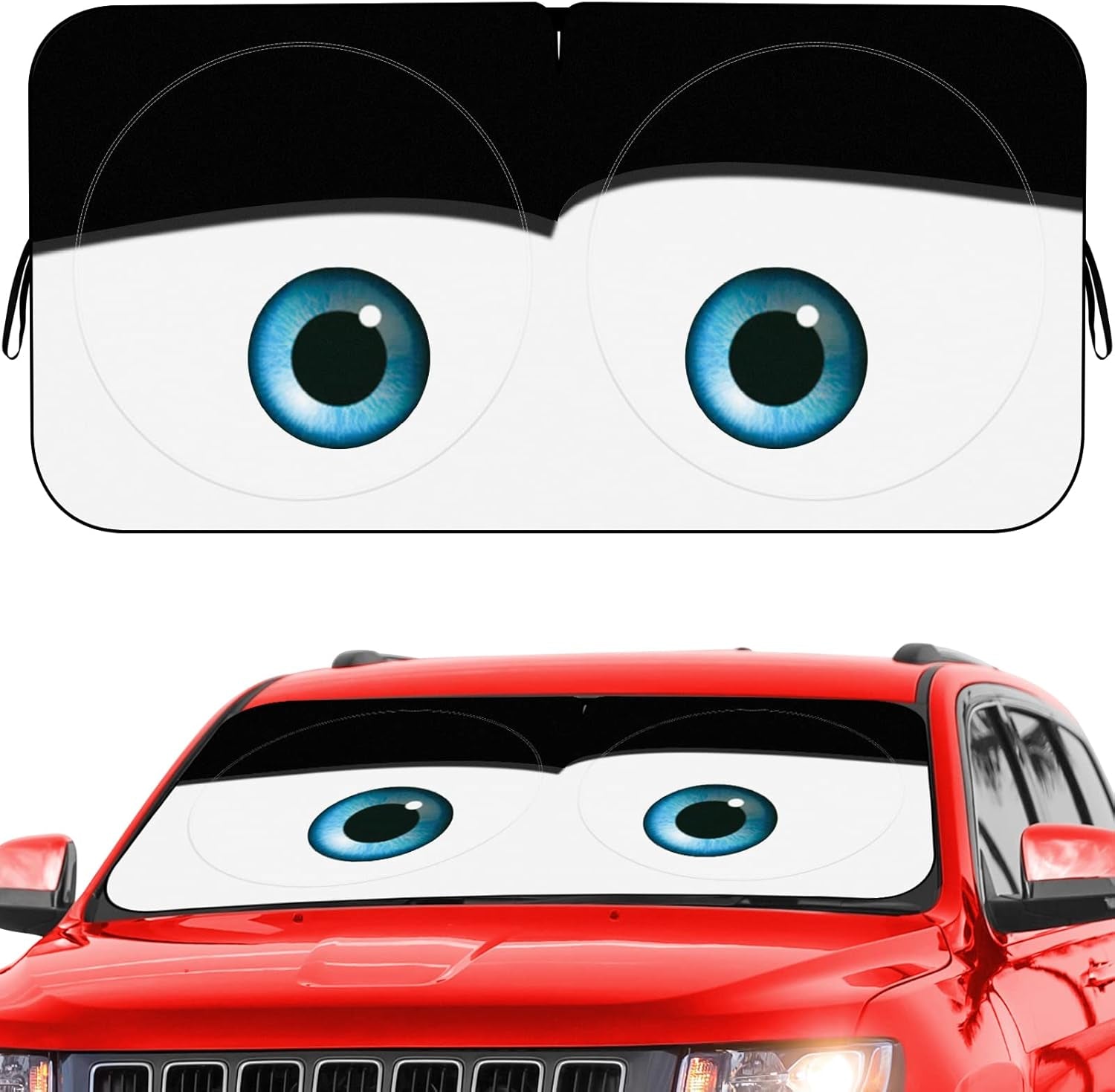 Car Windshield Sun Shade – Funny Cartoon Eyes Foldable Visor 63.7"x32" ☀️🚗