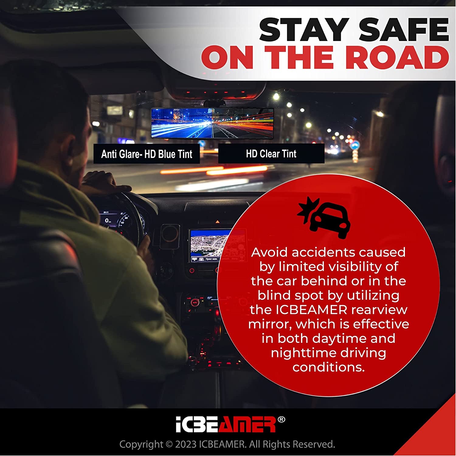 🔵 14.2” Clip-On Rear View Mirror – Wide Angle Blue Tint Anti-Glare