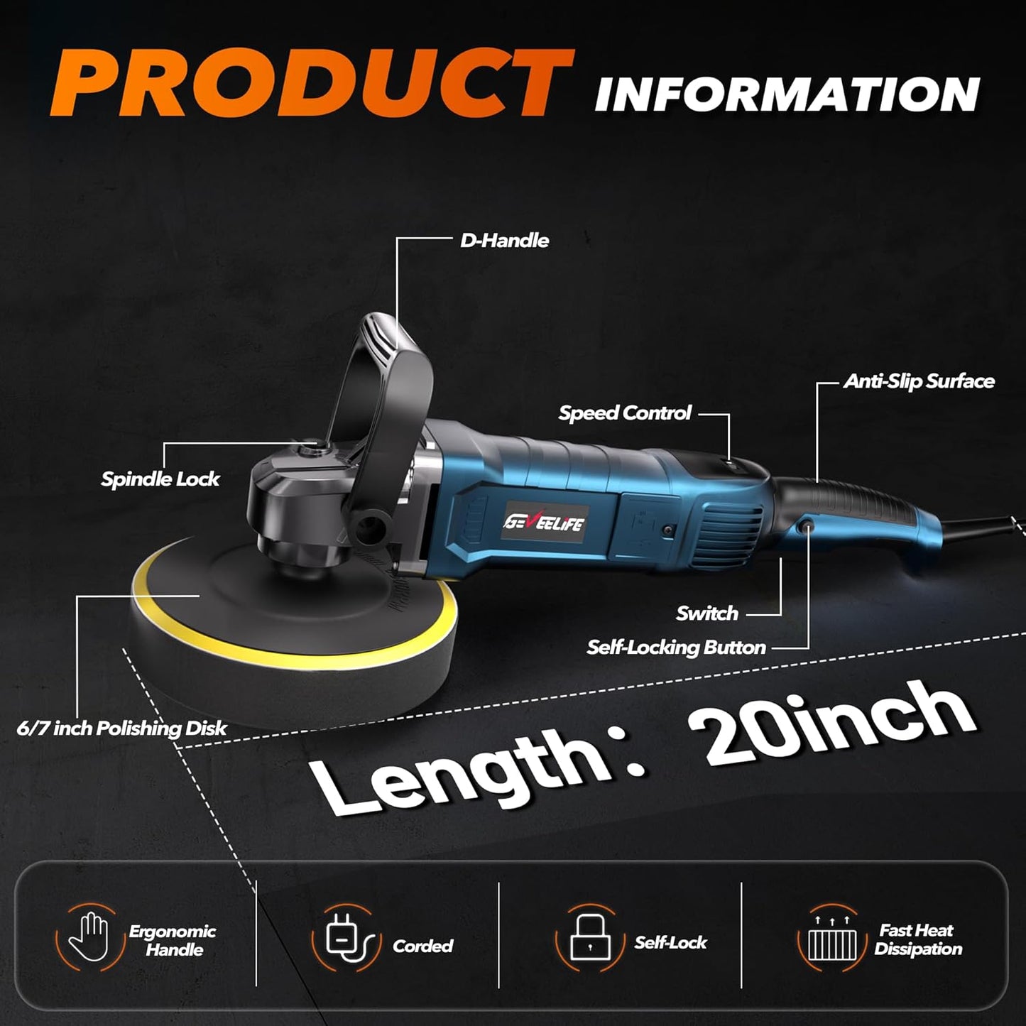 6-Inch 1600W Rotary Car Buffer Polisher (7 Speeds, 6 Pads)