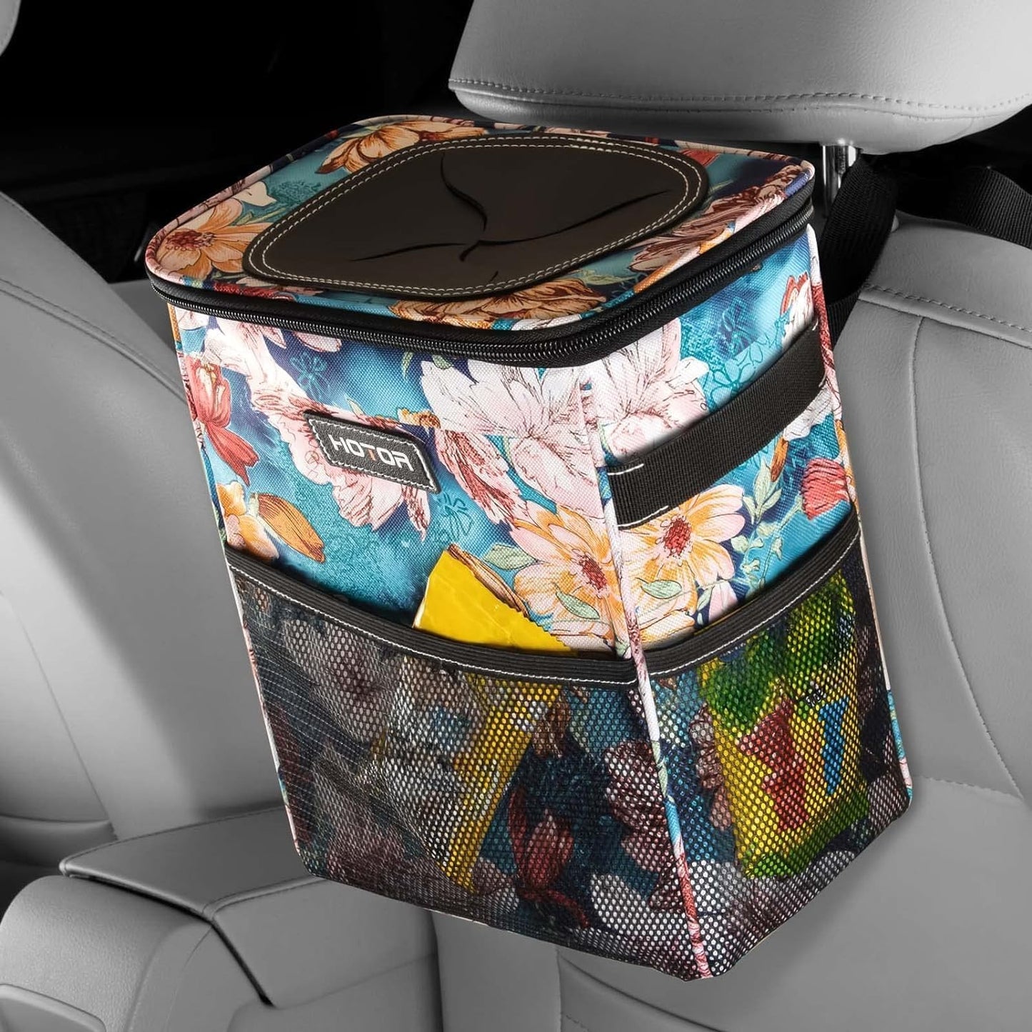 Leak-Proof Car Trash Can with Lid — Waterproof Organizer + Storage Pockets (2–3 Gallon)