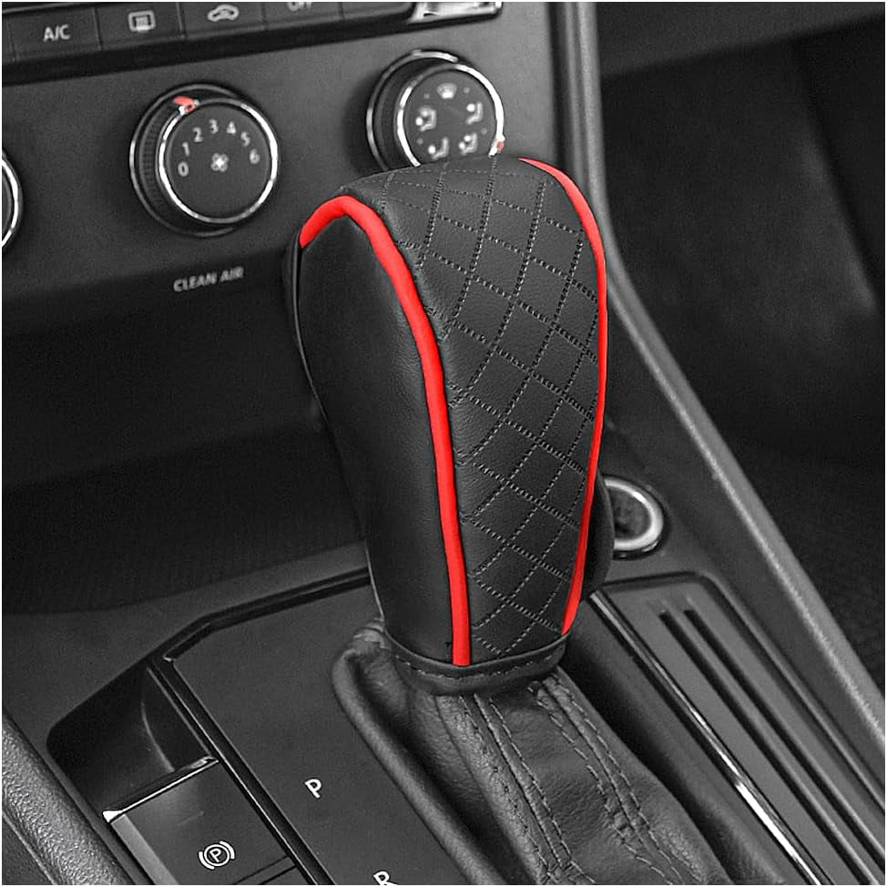Stylish Black/Red Leather Gear Shift Cover with Diamond Embroidery - Universal Protection for Cars, Trucks, and SUVs!