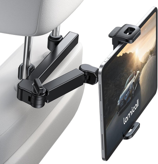 Adjustable Car Headrest Tablet Holder - 3-in-1 Mount for Back Seat Entertainment - Perfect for Kids, Fits 4.7-11" Devices like iPad Pro, Galaxy, Fire - Essential for Road Trips - Black