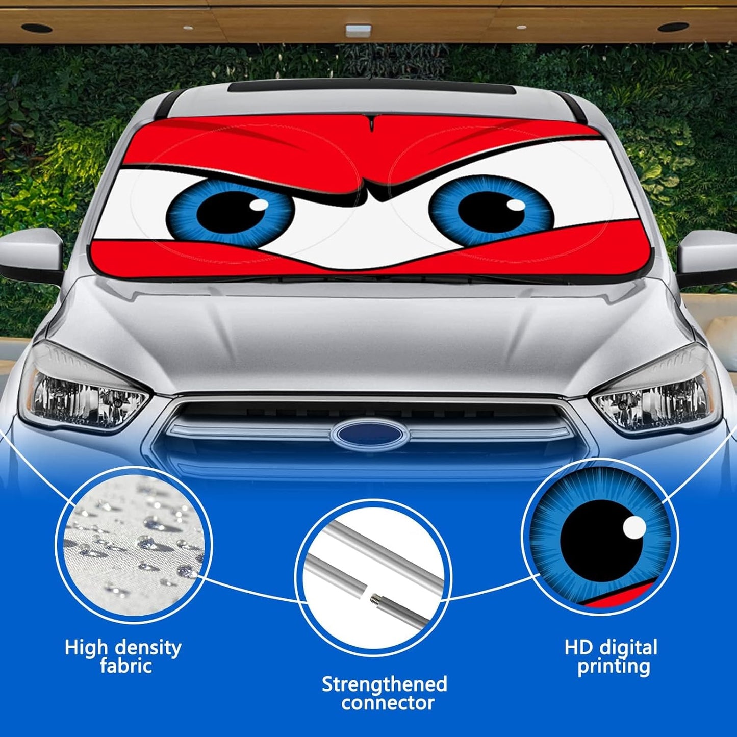 Car Windshield Sun Shade – Funny Cartoon Eyes Foldable Visor 63.7"x32" ☀️🚗