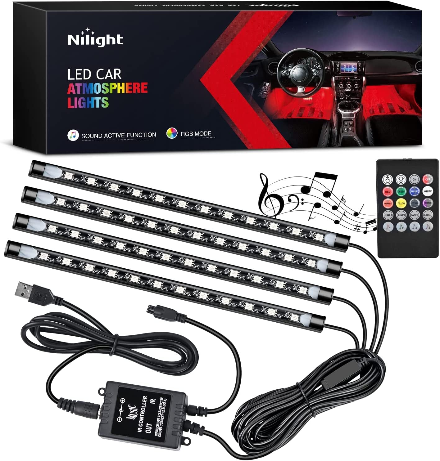 48 LED Multicolor Music Car Strip Light Kit - Sound Activated, Wireless Remote Control, USB Interior Lights with 2-Year Warranty!
