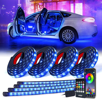 4Pcs Underglow LED Lights for Cars, 8 Color RGB 252 Leds Sound Active Function Music Mode Underglow Kit, Bluetooth APP & Remote Control, Waterproof Underbody Neon Strip Light for Car SUV Truck