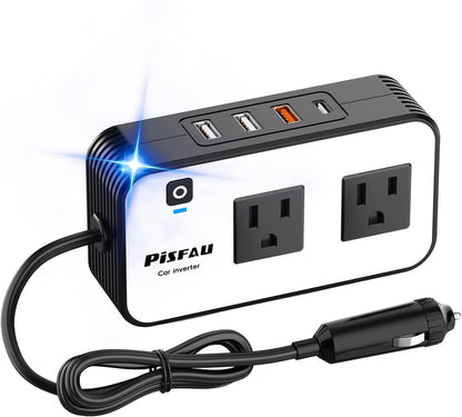 200W Car Power Inverter - 12V DC to 110V AC Outlet, USB-C (20W), Fast Charging USB (18W), and Dual USB Car Charger (4.8A) for Laptop and Devices